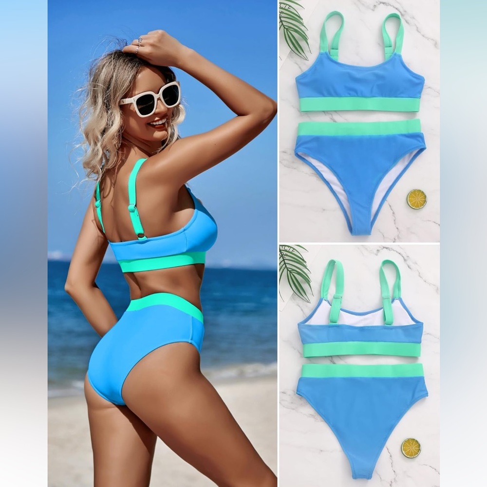 High Waisted Bikini Blue with Green Trim